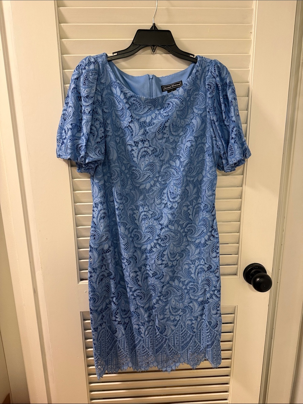 Jessica Howard Sky Blue Lace Shift Dress with Puff Sleeves